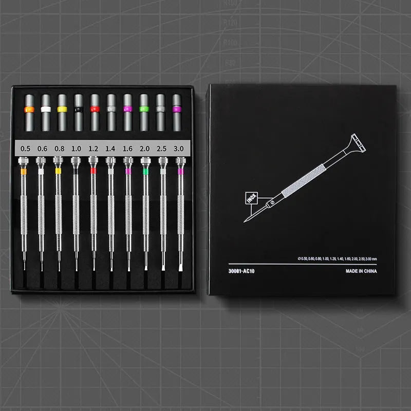 Boxed set of 10 precision screwdrivers and 20 spare bits for glasses and watch repair.