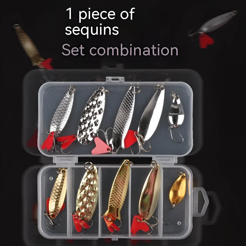Pineapple sequin box containing metal fishing lure components in gold and silver colours