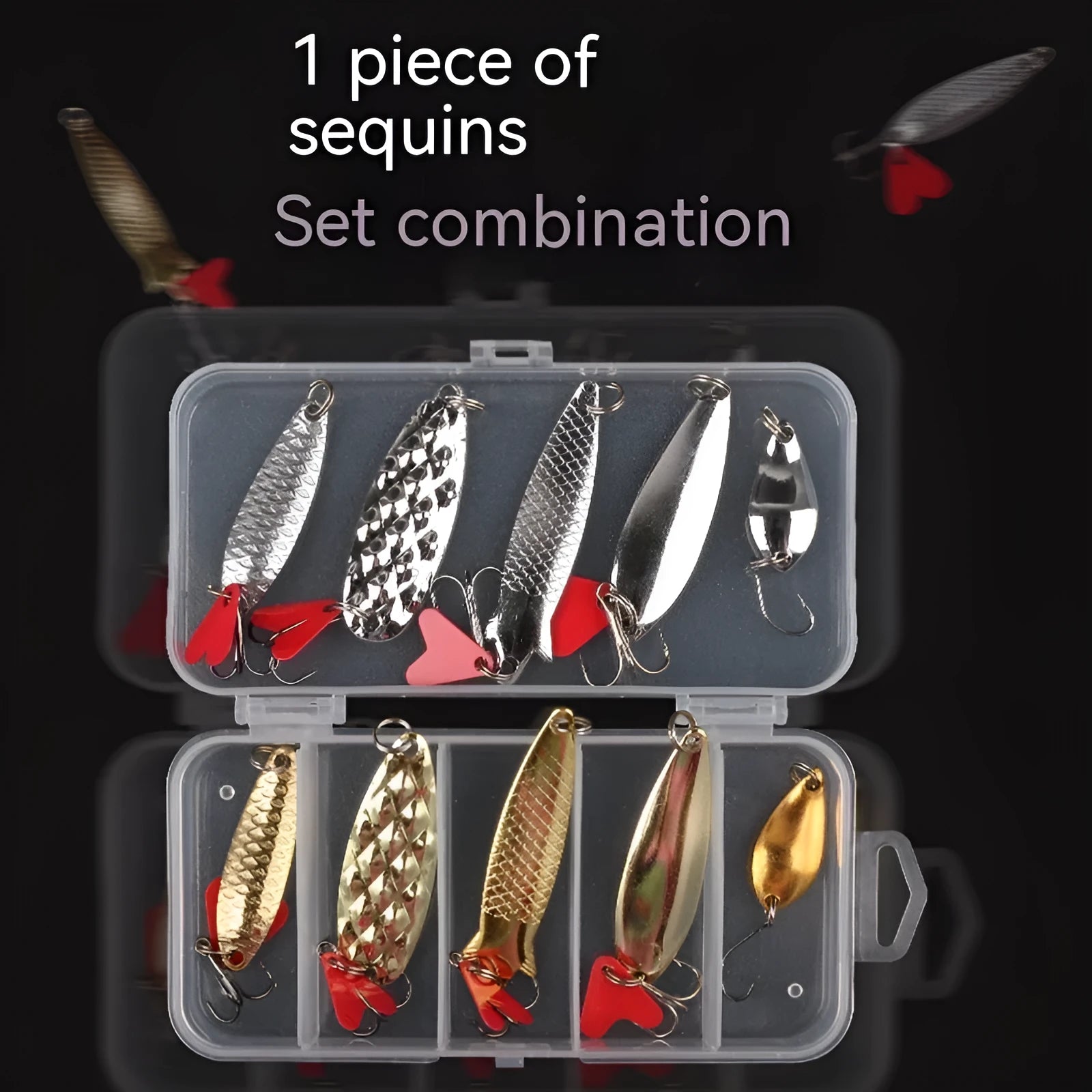 Pineapple sequin box containing metal fishing lure components in gold and silver colours