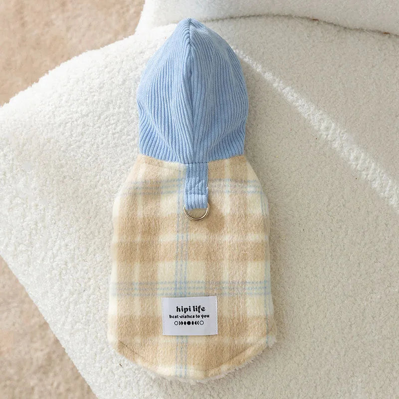 Blue corduroy dog hoodie with chessboard grid print and a traction hood.