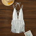 White women's one-piece swimsuit with deep V-neck and tassel detailing