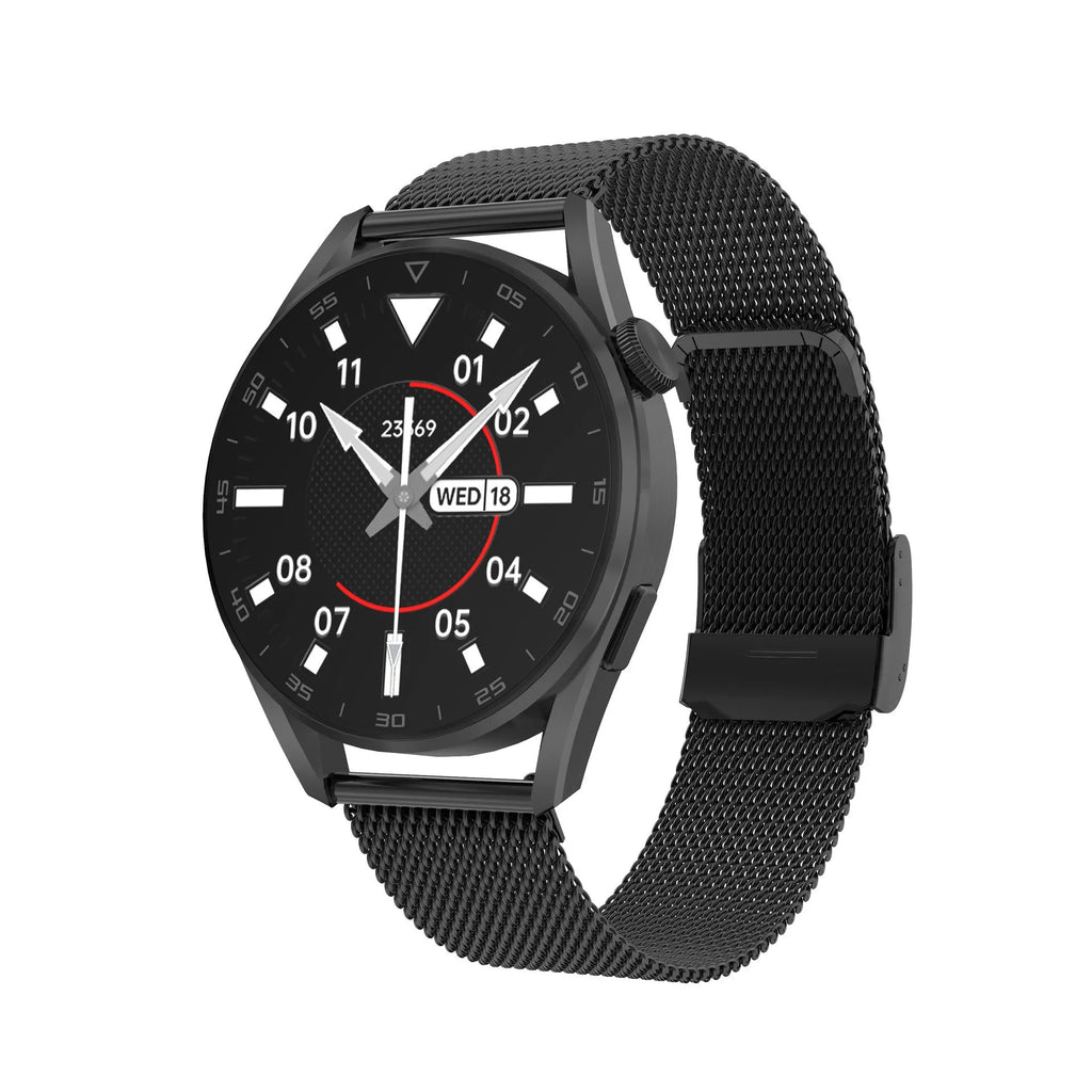 Bluetooth smart watch with metal band and 1.3-inch screen in black or silver colour options