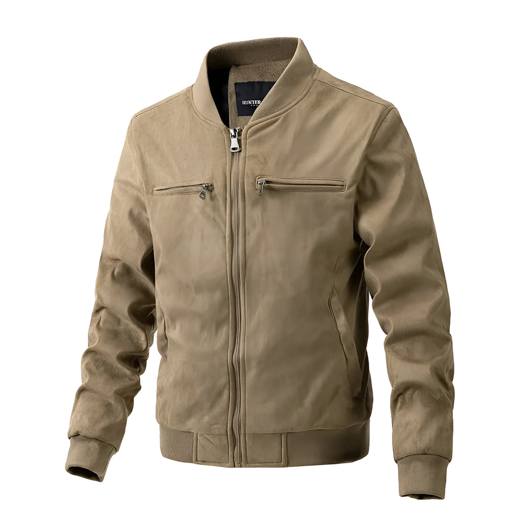 Men's suede stand collar jacket in khaki with double zipper pockets, regular fit, casual autumn coat