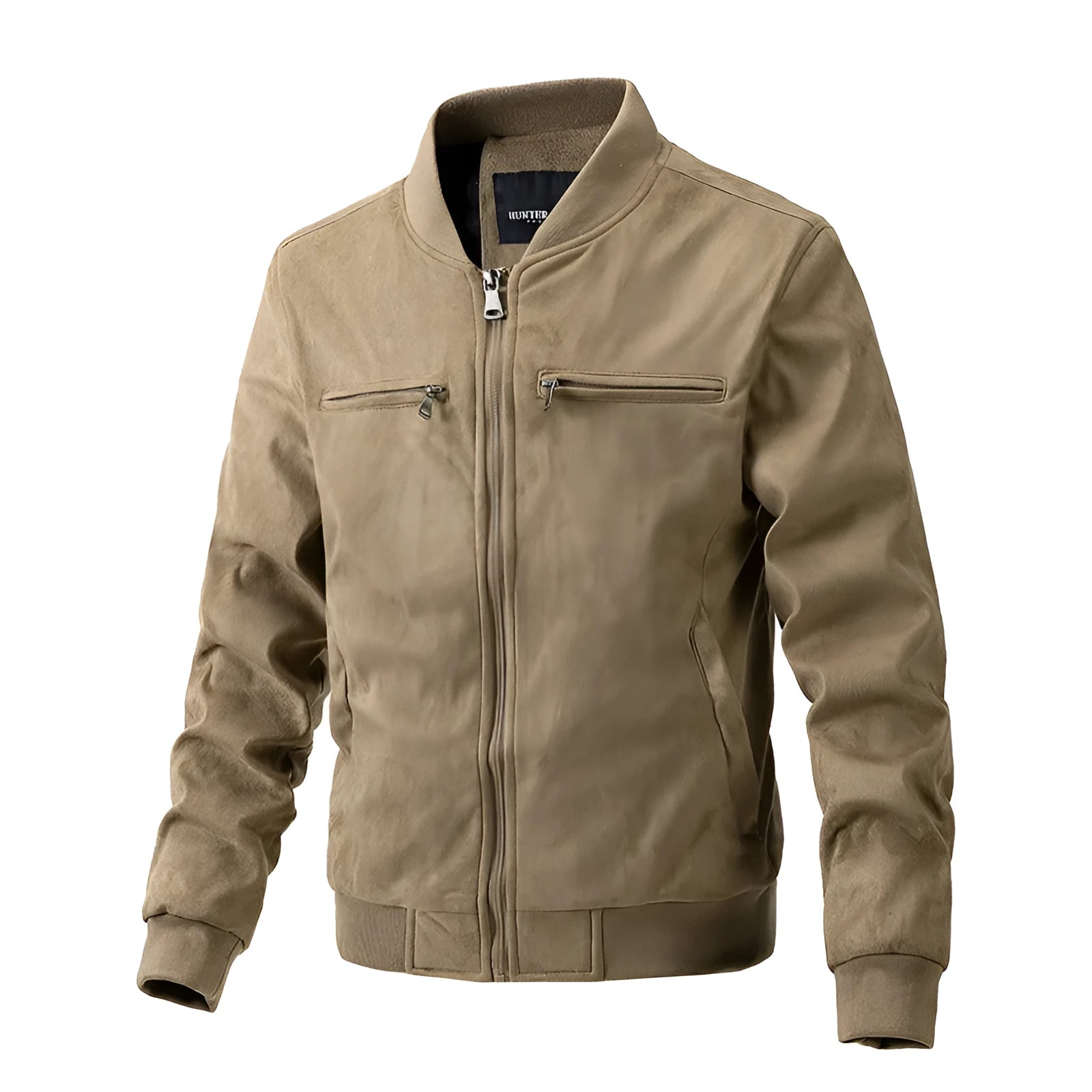 Men's suede stand collar jacket in khaki with double zipper pockets, regular fit, casual autumn coat