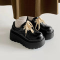 Women's matte black lace-up high heel shoes with a thick rubber sole and round toe.