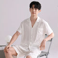 Men's ice silk pajama set with cardigan and shorts in satin jacquard plaid pattern