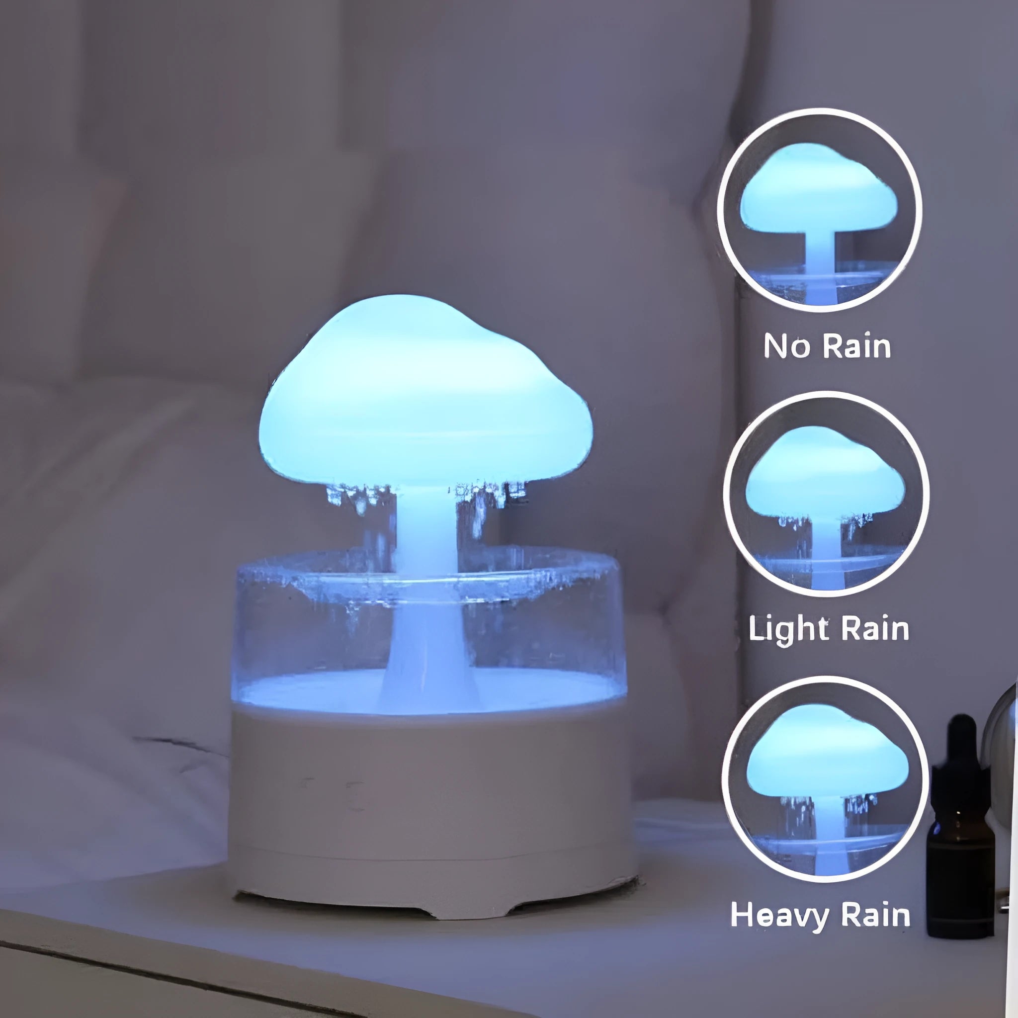 White resin mushroom cloud shaped desktop aroma diffuser with colourful light modes and USB cable