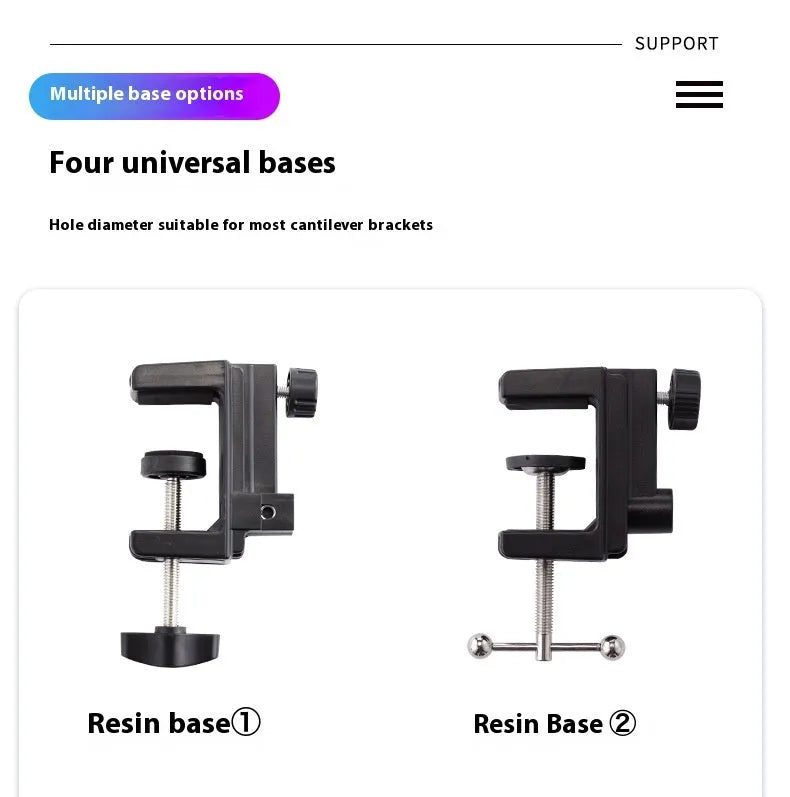Black foldable metal desktop cantilever bracket holding a tablet at an adjustable angle.