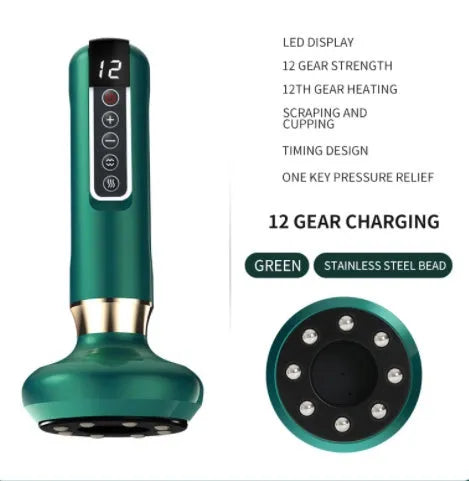 Green electric vacuum cupping massager with adjustable suction and heating controls