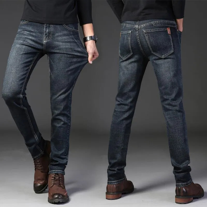Summer thin men's cotton straight slim stretch casual trousers in 816 blue with mid waist