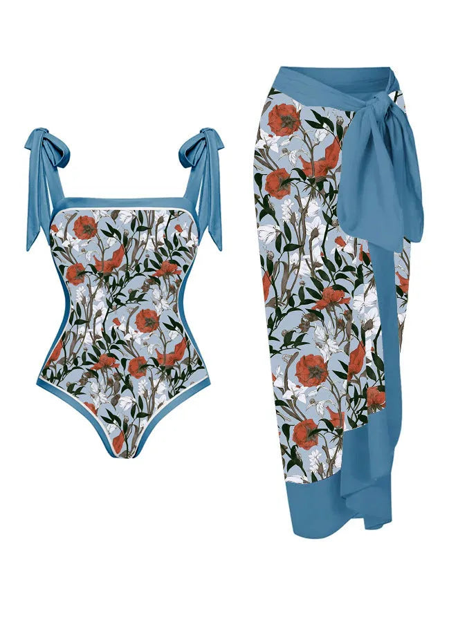Women's floral print chiffon swimsuit with attached skirt in two-piece design