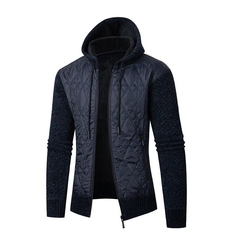 Men's grey hooded corduroy sweater coat with a cinched waist on a model.