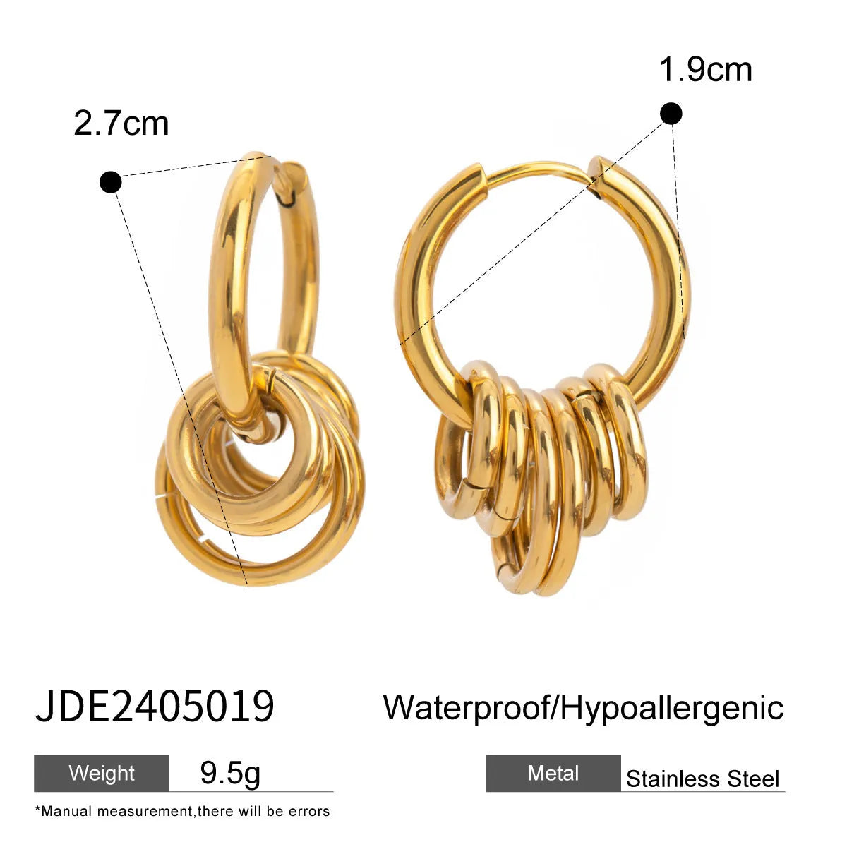 A pair of stainless steel electroplated earrings with a colour matching finish in a simple ins style.