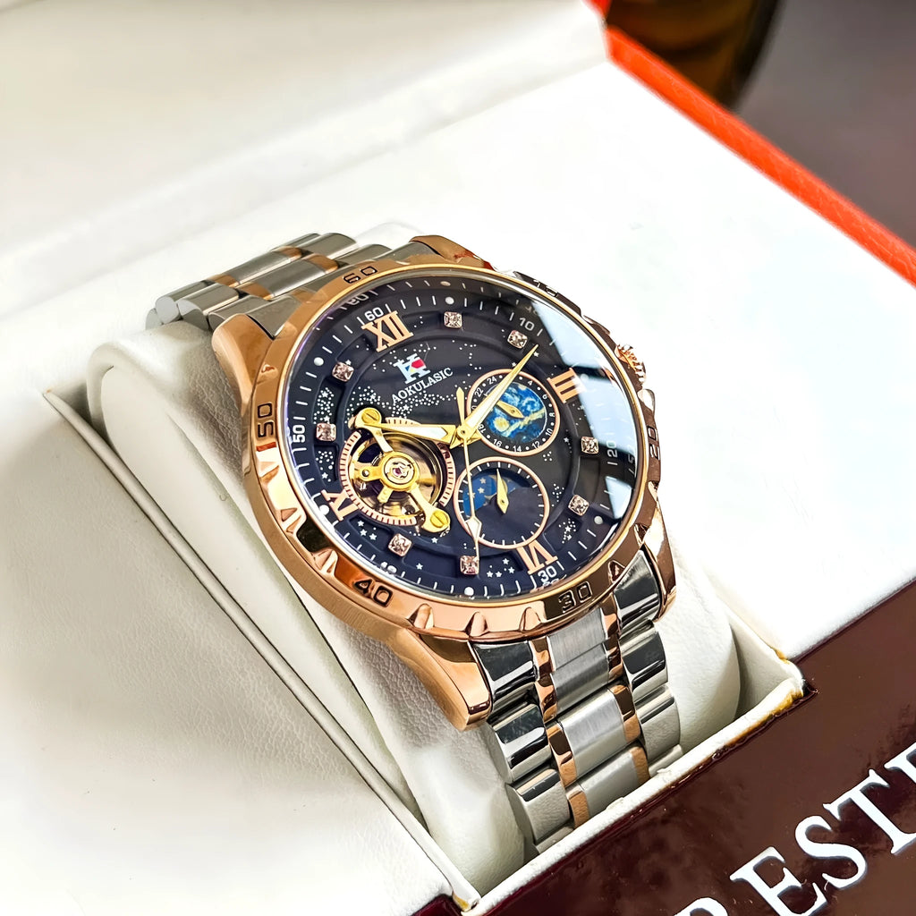 Men's rose gold shell black surface automatic mechanical watch with large dial on wrist