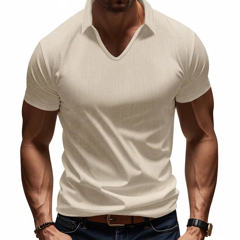 Men's loose casual V-neck short sleeve t-shirt in a light solid colour.