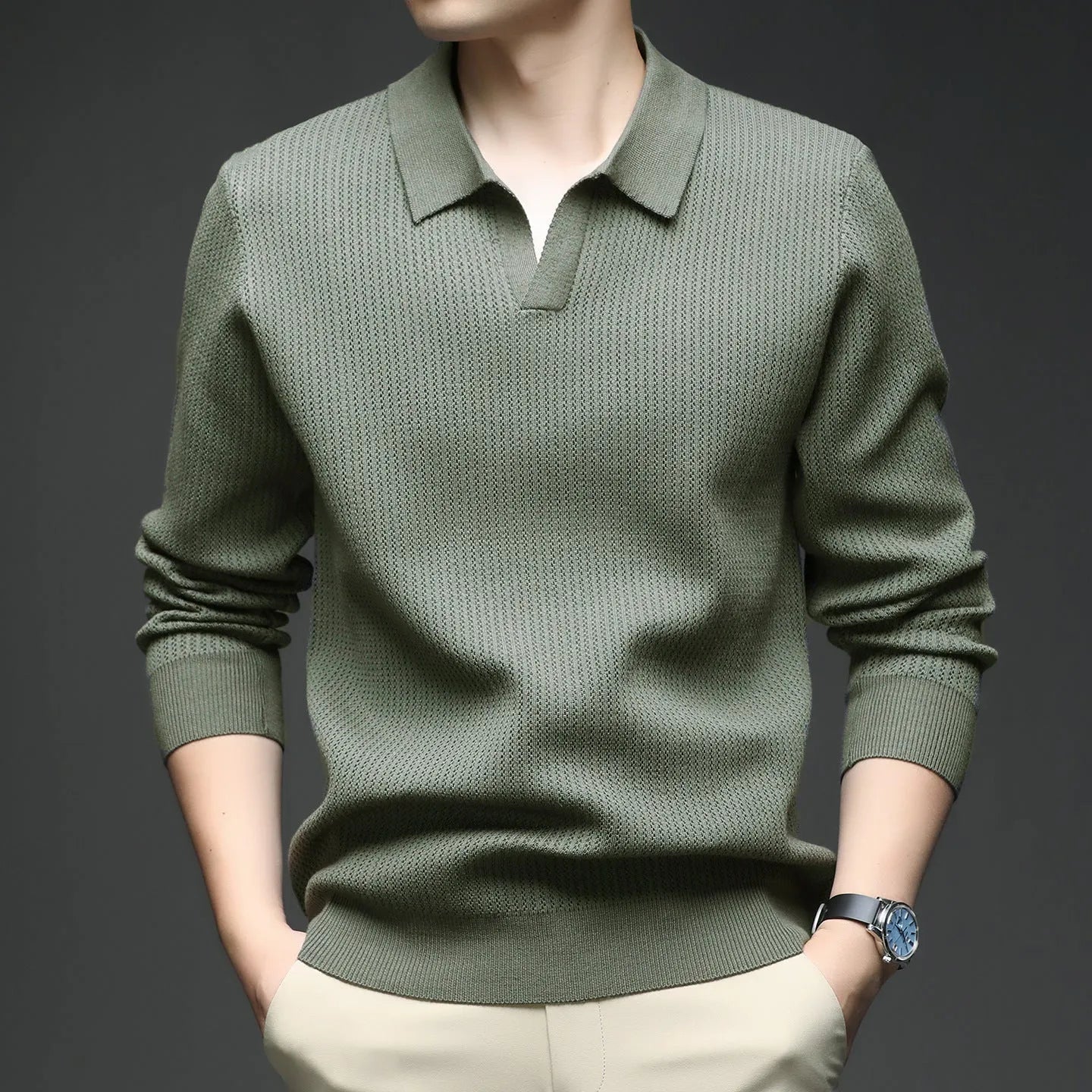 Men's loose fit casual pullover sweater in green, black, camel, or brown colours