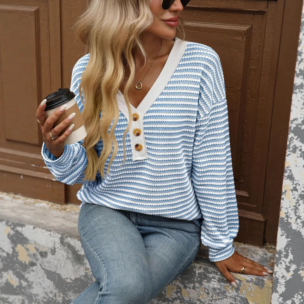 Women's patchwork V-neck casual top in loose fit with long sleeves