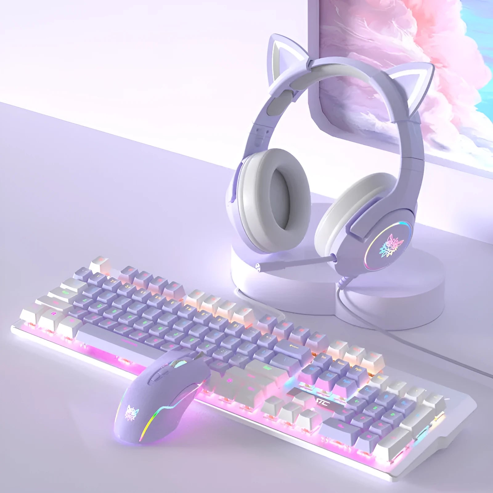 Purple and white mechanical keyboard and mouse wired set with backlight illumination on desktop