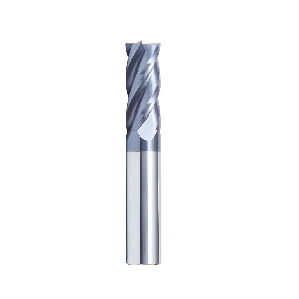 Carbide milling cutter with straight shank and spiral cutting edge on a dark background.