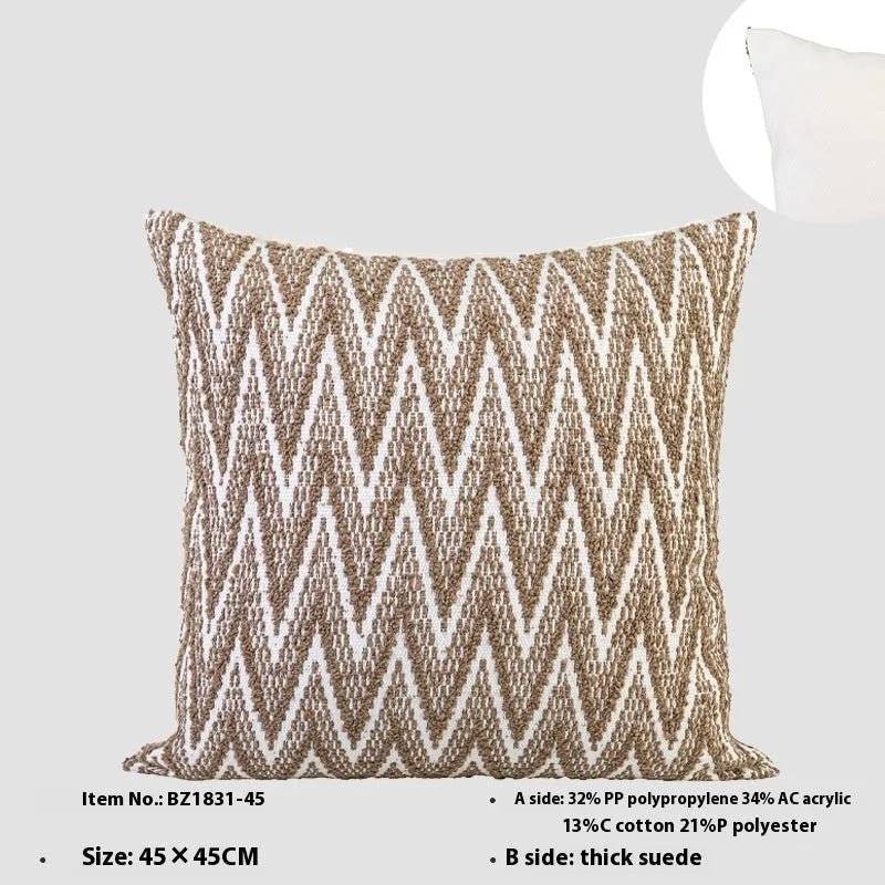 Chinese ancient style square cushion in brown geometric patterns, 45cm size with feather velvet fill.