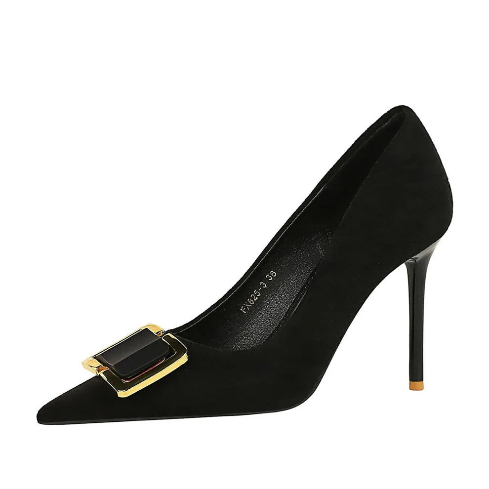 Black suede women's stiletto high heels with a pointed toe and thin 9cm heel.