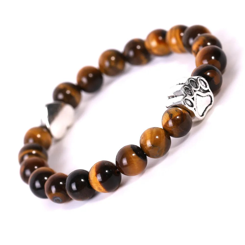 Tigereye Indian agate stone bracelet with dog's paw and love heart charms in beaded geometric design