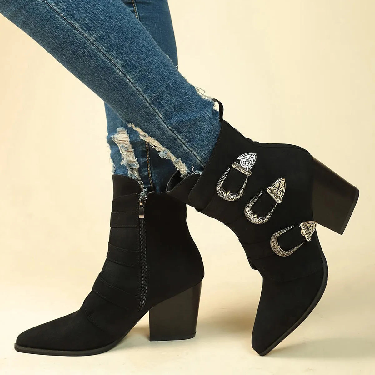Chunky heel pointed toe retro buckle boots for women, artificial PU, black or light brown