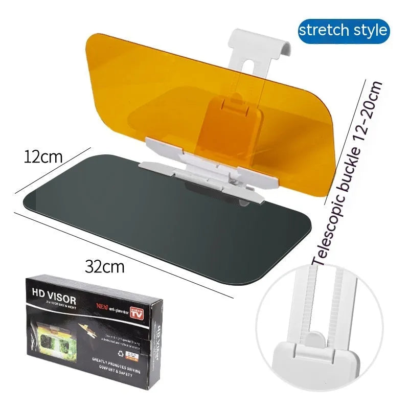Anti-glare car sun visor with acrylic lens showing stretch, button and spring mounting options