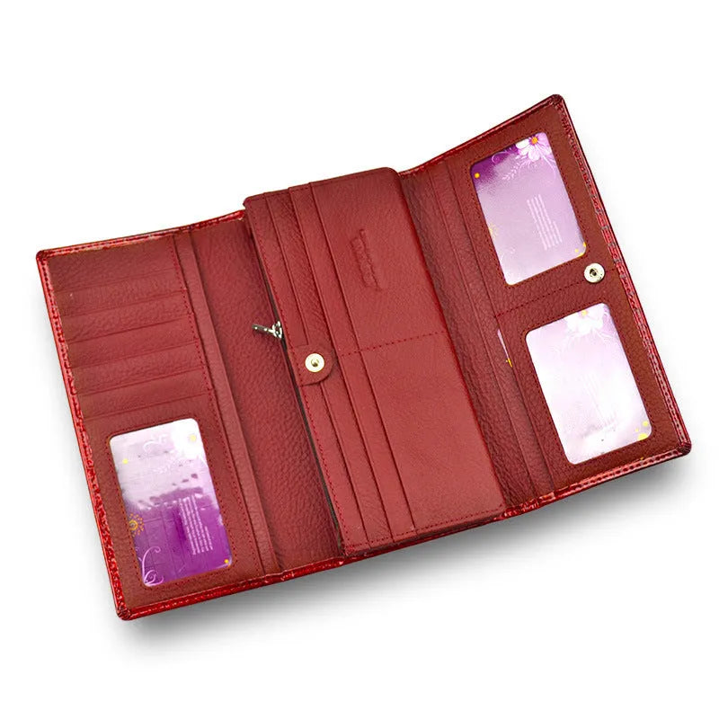 Women's patent leather coin purse with crocodile pattern design in wine red colour