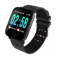 A6 smart bracelet with colour screen and silicone strap shown in black, blue, and orange colours