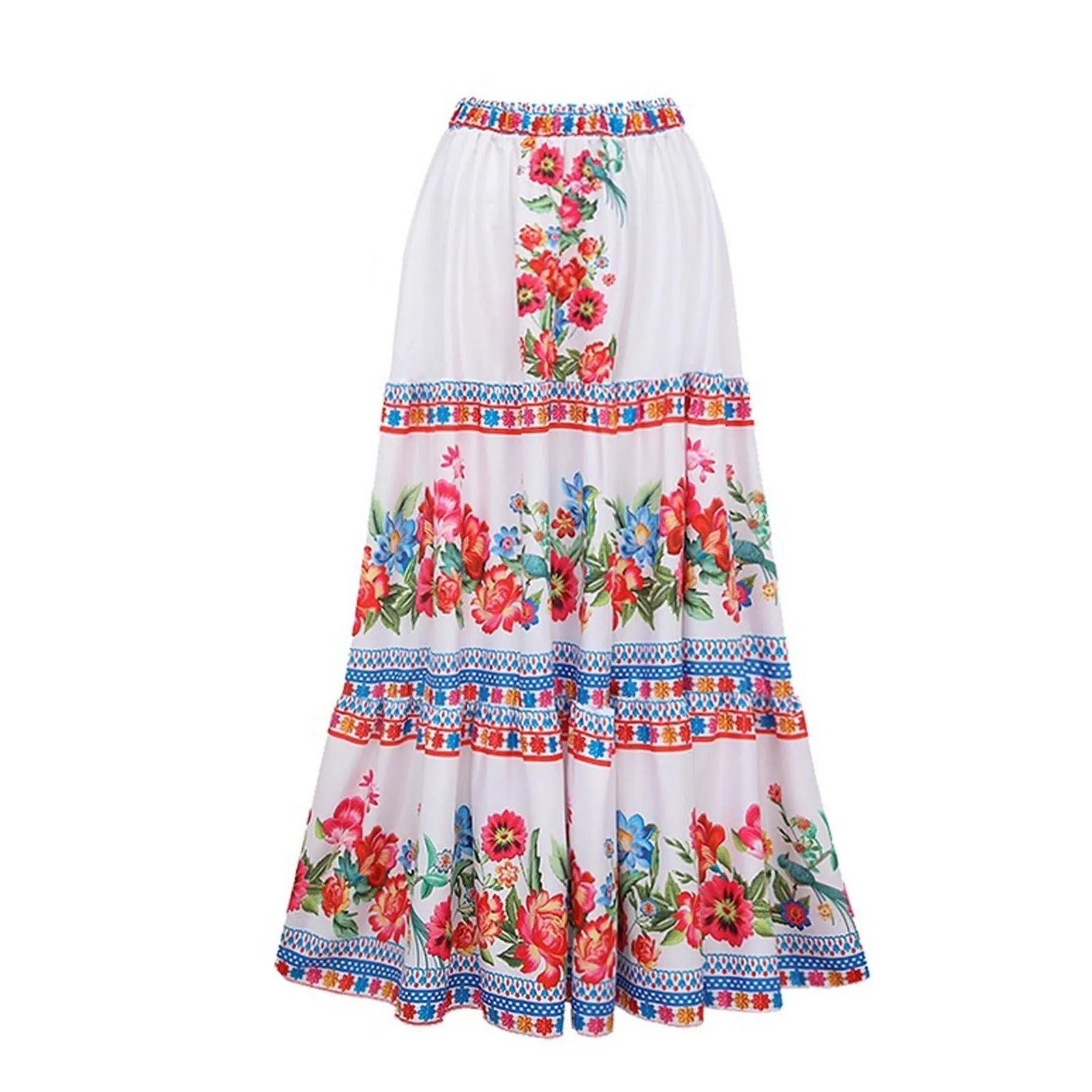 Women's printed one-piece swimsuit with a matching skirt cover-up in a rose pink floral pattern.