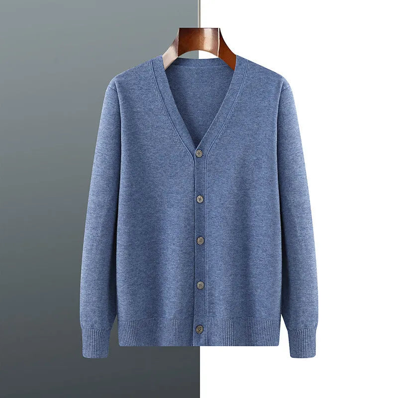 Men's V-neck cardigan coat in Andy velvet fabric showing loose fit and long sleeve design
