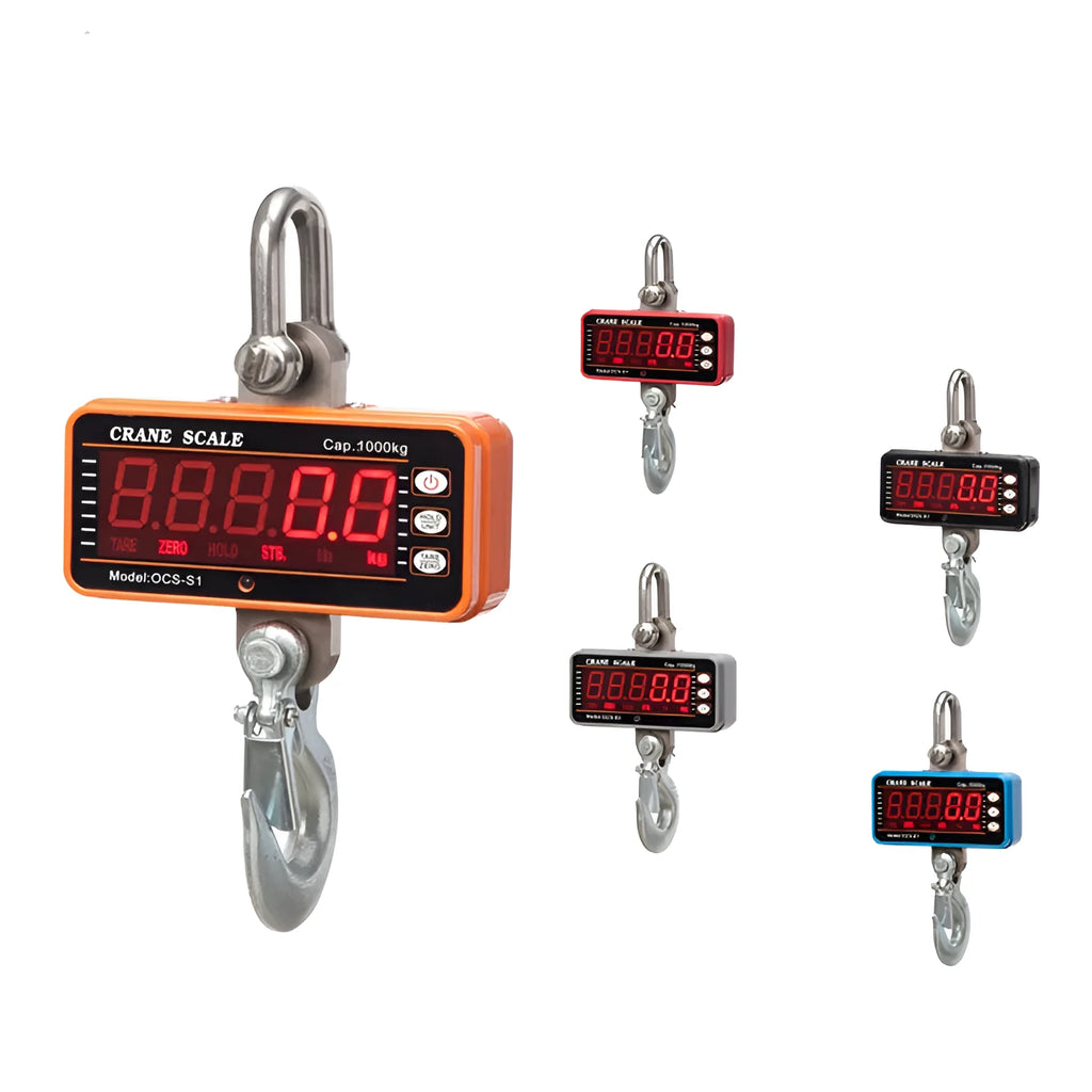 Orange electronic crane scale with digital display, maximum capacity 500 kg.