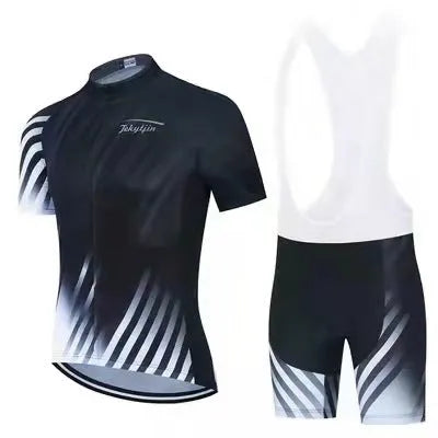Cycling jersey and padded shorts set for summer mountain and road biking with moisture-wicking fabric