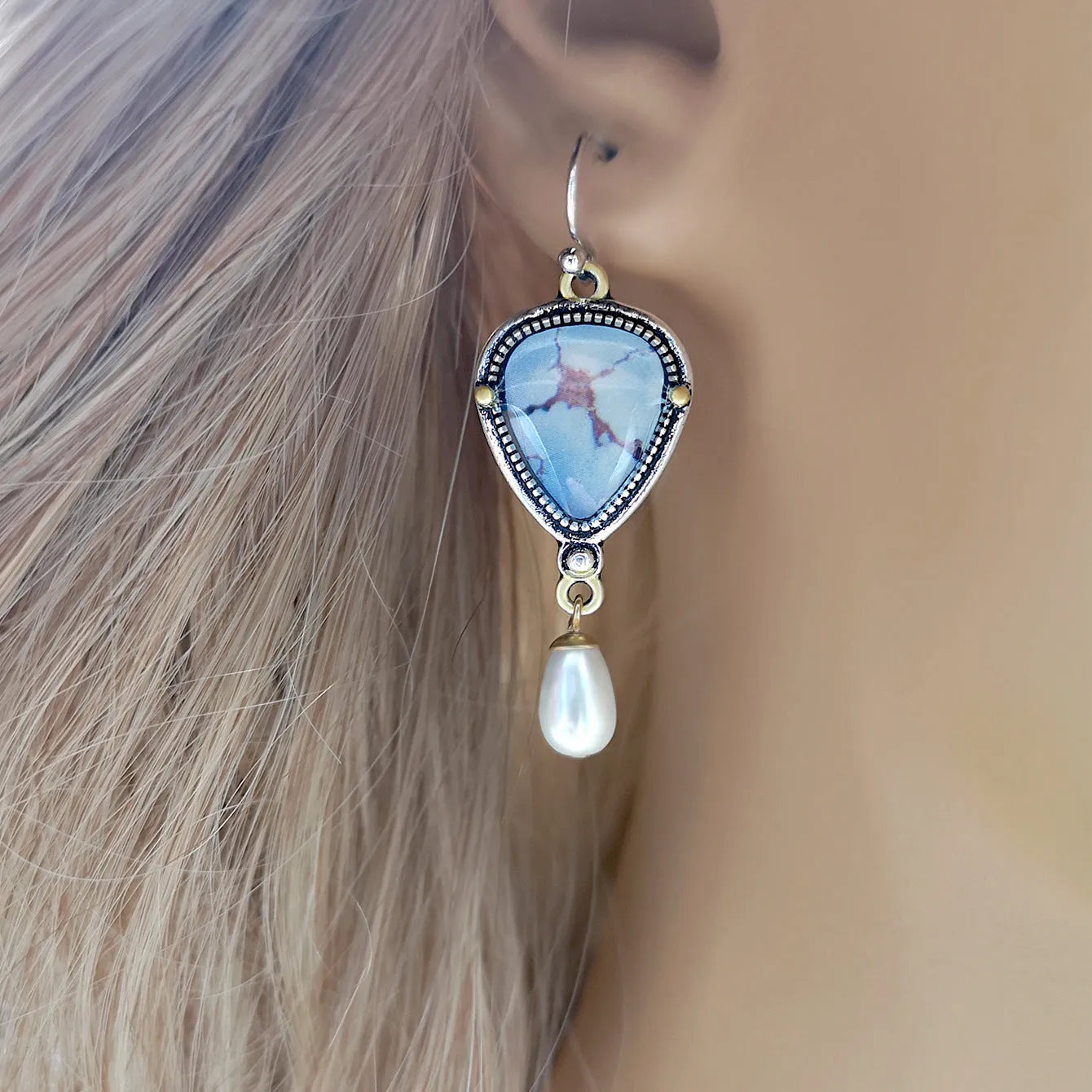 Retro blue geometric drop earrings with synthetic opal and pearl, two-colour electroplating