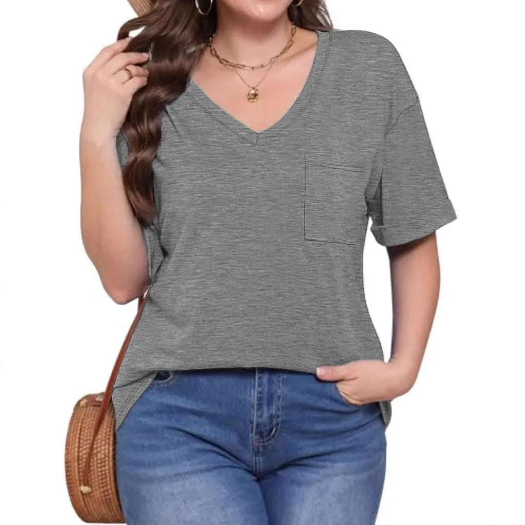Grey loose fit V-neck T-shirt with chest pocket and short sleeves