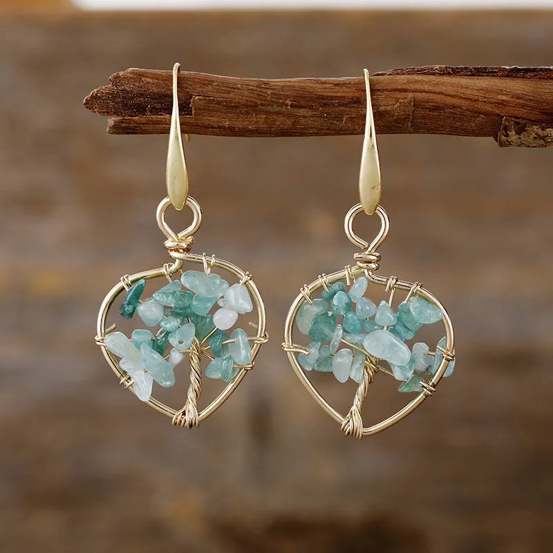 Natural crystal lucky tree eardrop earrings in amethyst and green dongling on alloy base with European style