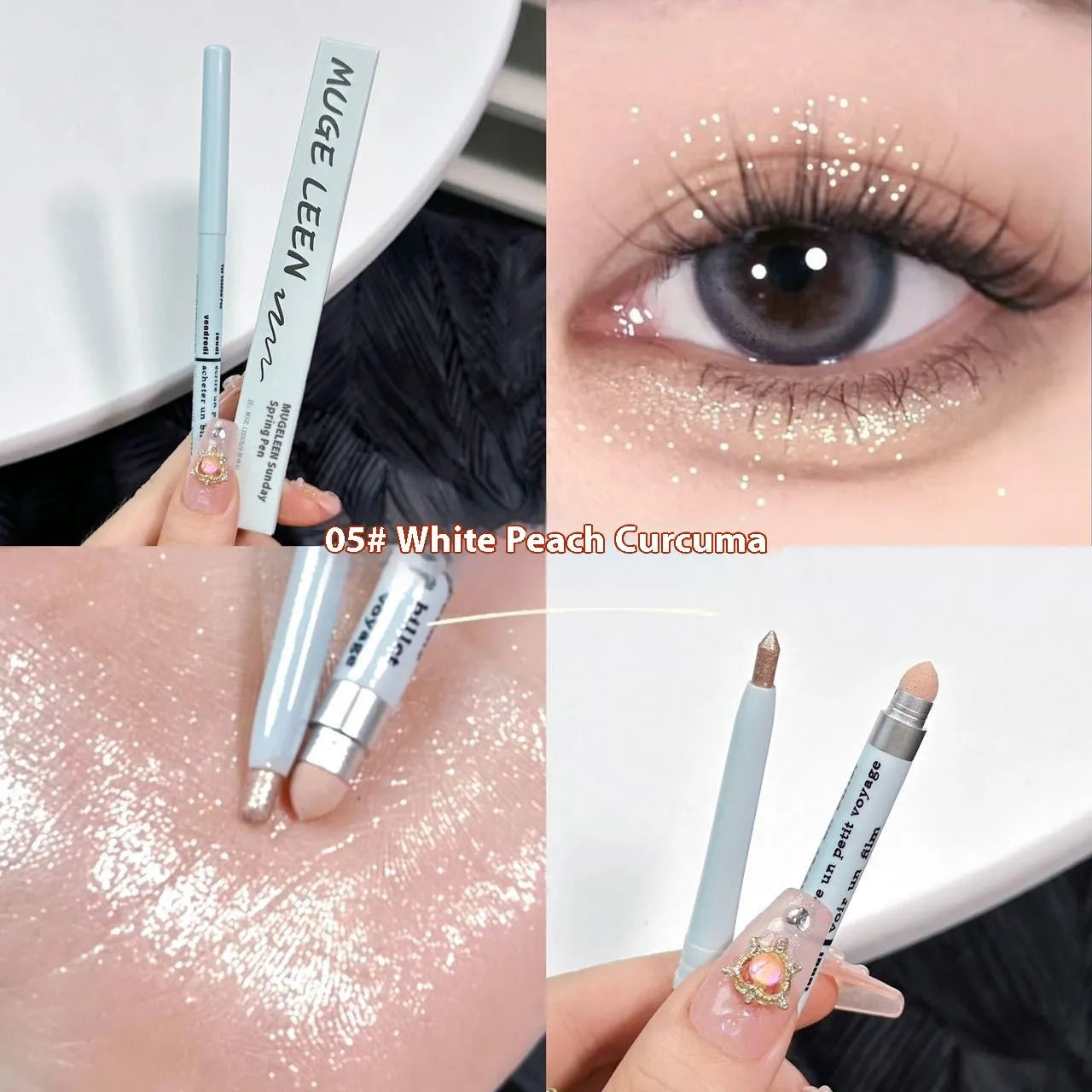 Waterproof non-smudge eye shadow pen in gold and purple shades for highlighting and brightening.