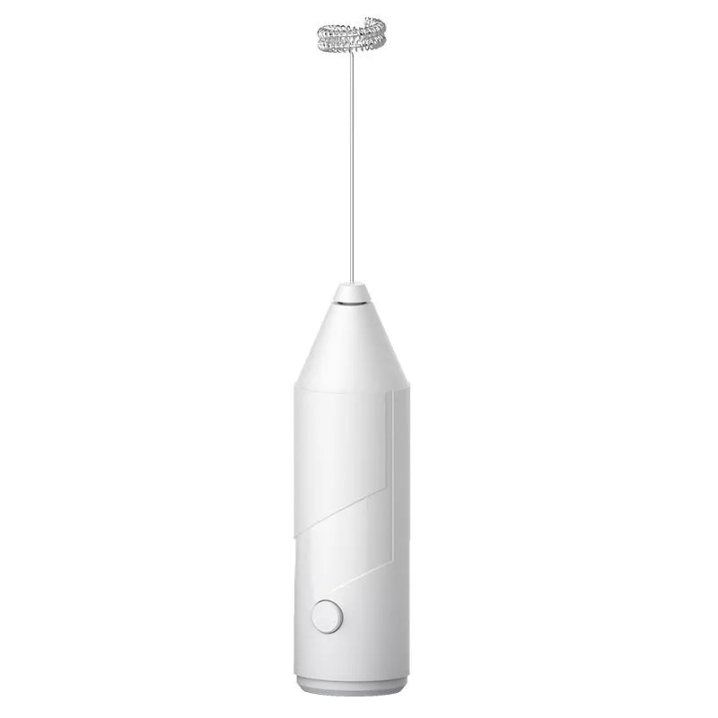 Black handheld electric milk frother with stainless steel whisk and USB charging port