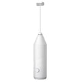 Black handheld electric milk frother with stainless steel whisk and USB charging port