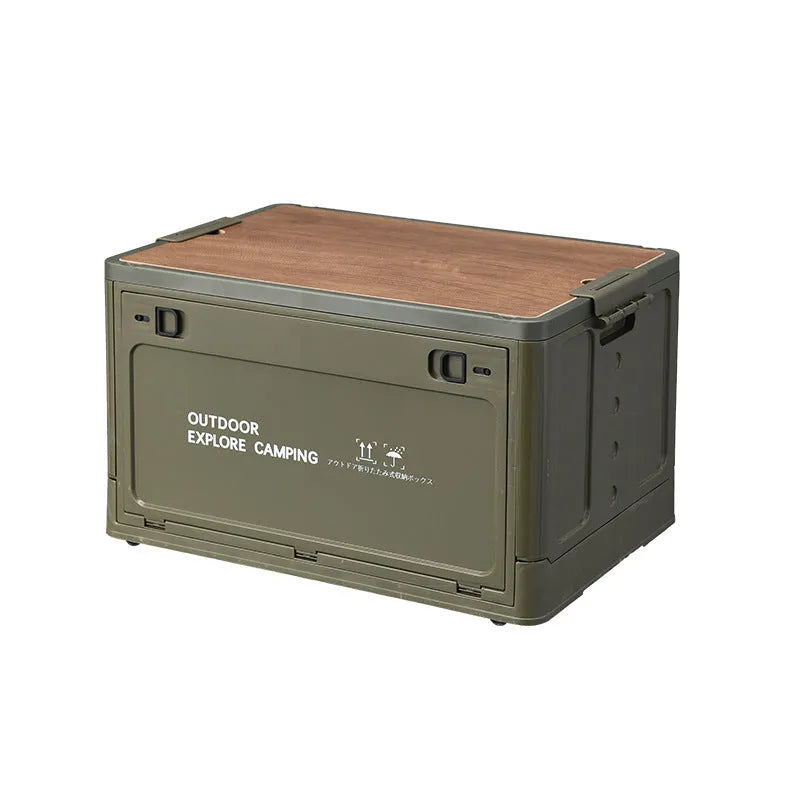 Large white foldable plastic storage box with a wooden lid, shown open and closed.