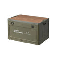 Large white foldable plastic storage box with a wooden lid, shown open and closed.