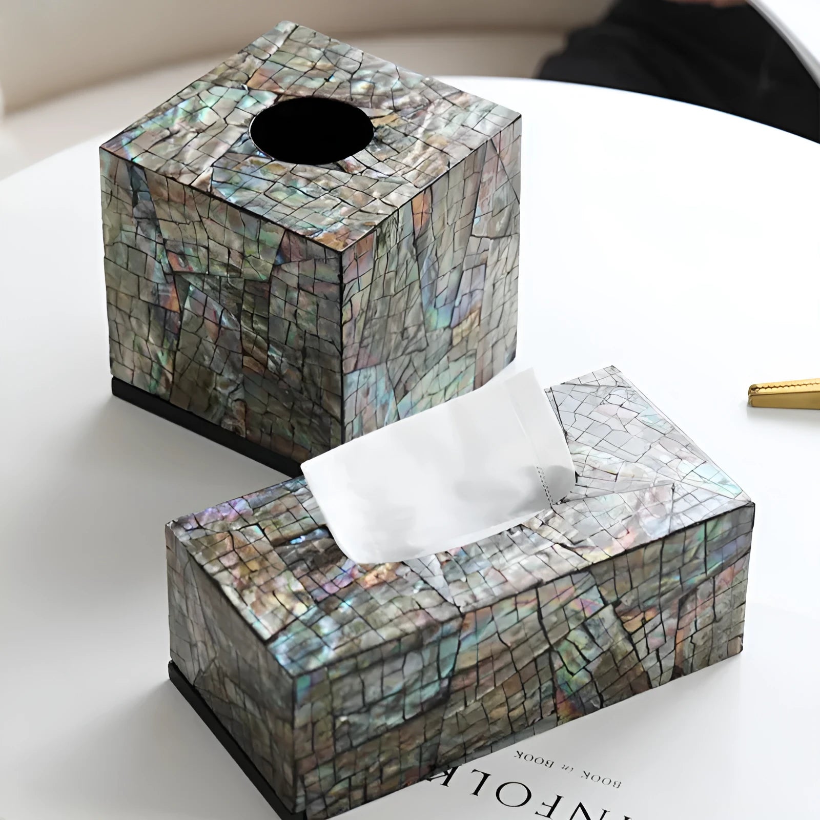 Black natural shell tissue box cover for coffee table decoration and storage