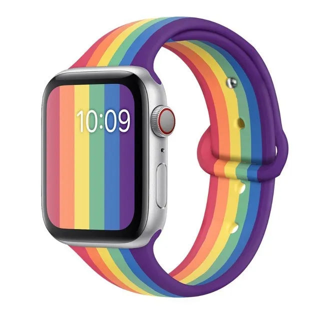 A black silicone sports wristband with a buckle strap, shown in 38x40mm and 42x44mm sizes.
