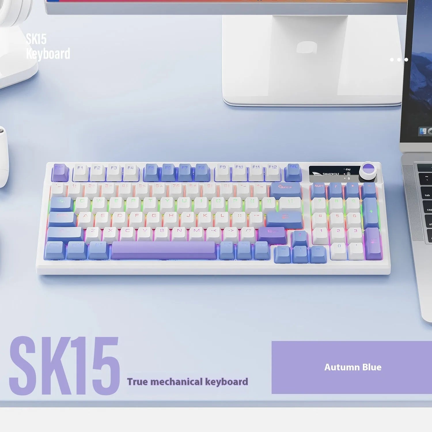 SK15 wired mechanical keyboard with volume knob in sunset orange colour beside laptop