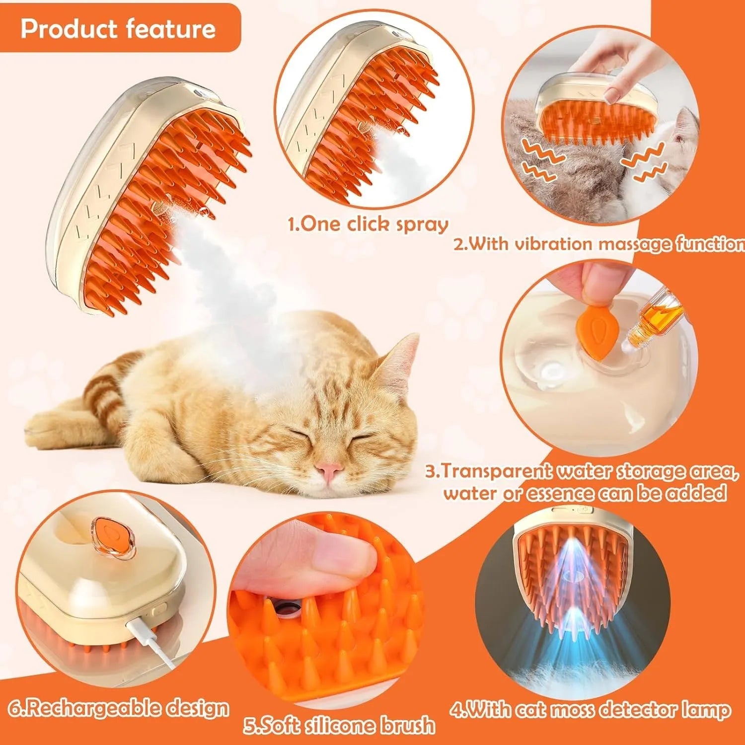 Yellow 4-in-1 cat steam brush with silicone teeth, USB charging port, water tank, and UV lamp for pet grooming.