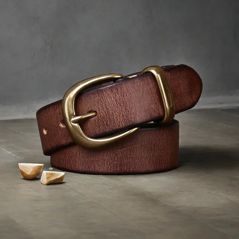Genuine cowhide men's belt with copper buckle in black, brown, or khaki.
