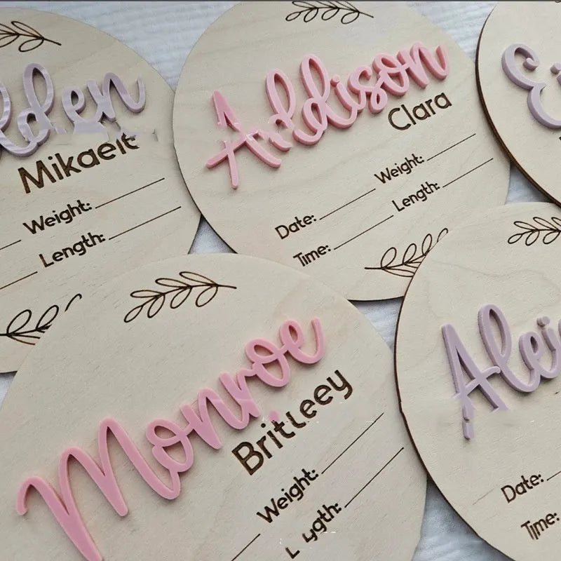 Square wooden plaque for baby's name and birth details on plywood