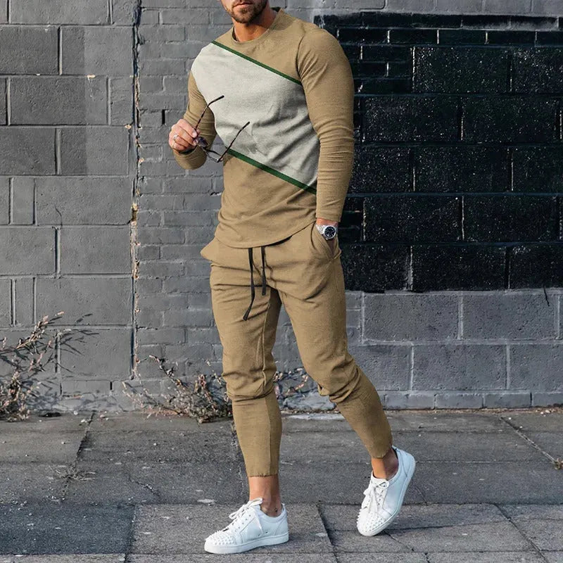 Men's round neck striped sweatshirt suit set with long sleeves and trousers in polyester