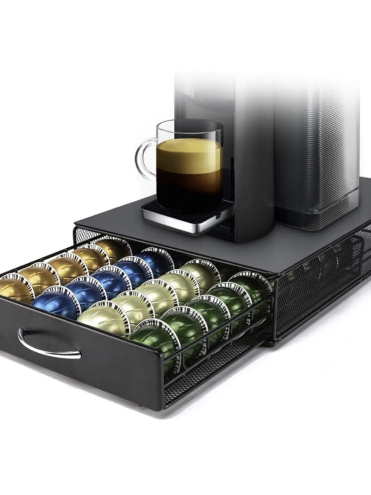 Black coffee capsule storage drawer with silver handle on a cafe countertop
